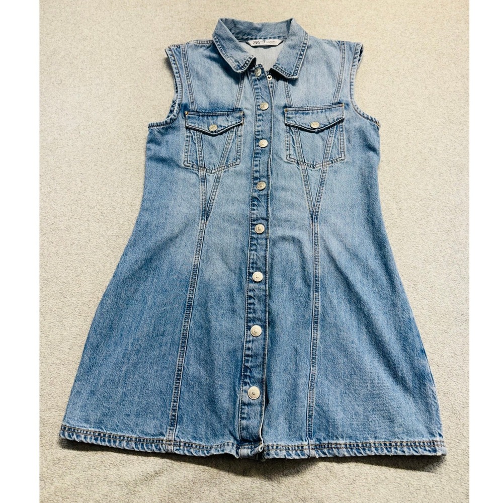 Zara TRF Womens M Denim Mini Dress Blue Sleeveless Button Front Jean Dress